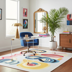 Modern home office with a clear desk, blue chair, colorful rug, and decorative elements.