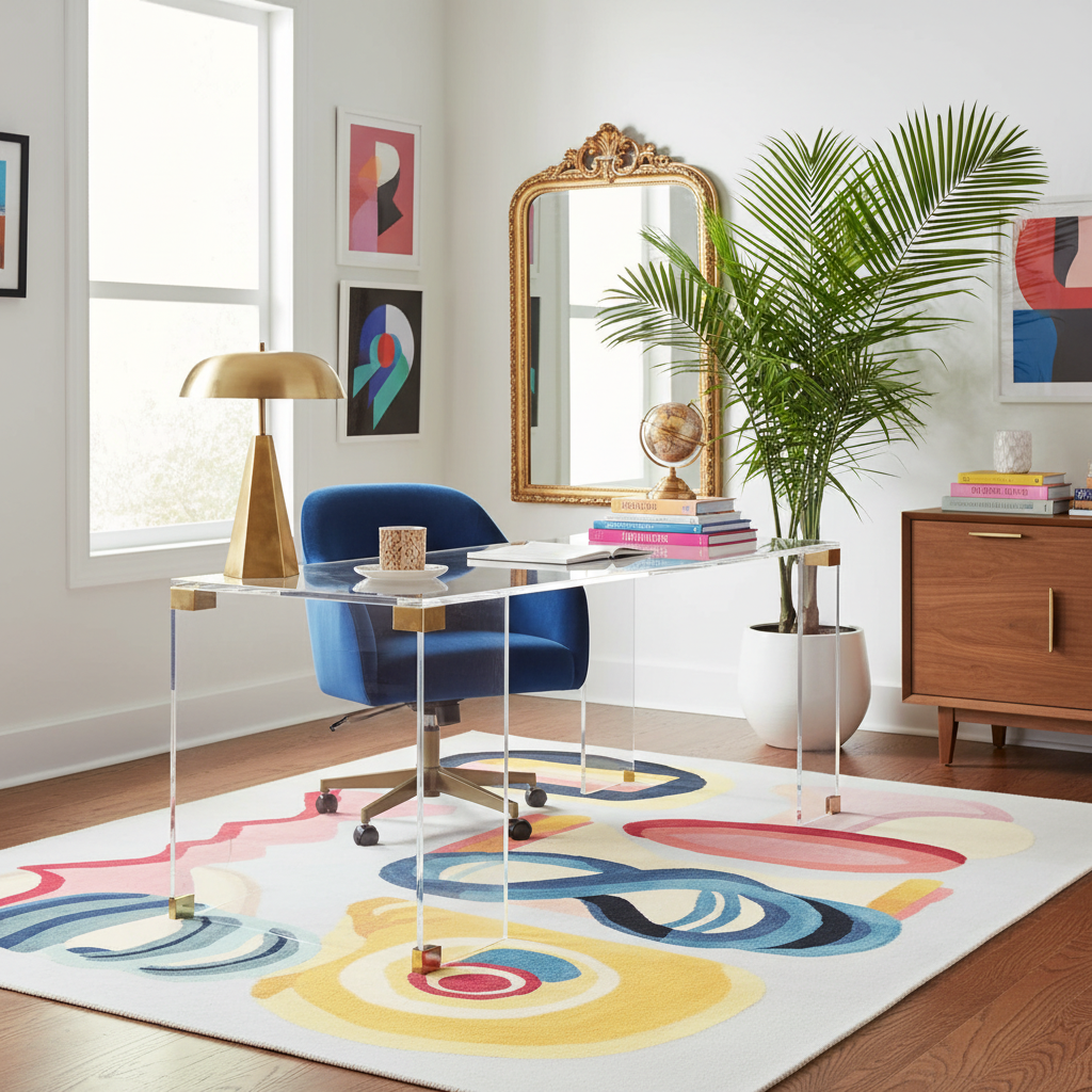 Modern home office with a clear desk, blue chair, colorful rug, and decorative elements.