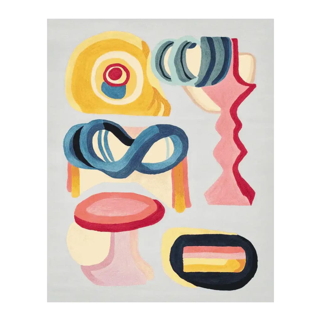 A vibrant, abstract Joy Shape Parade Hand Tufted Area Rug featuring bold geometric patterns in shades of blue, yellow, pink, and red. This contemporary wool rug adds a splash of color and modern style, perfect for enhancing any living room space.