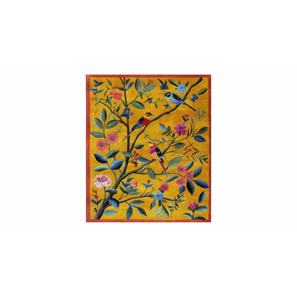 Vibrant Joyful Jamboree Hand Tufted Area Rug featuring a lush floral design with colorful birds perched on branches, perfect for enhancing a living room with its wool texture and large size.