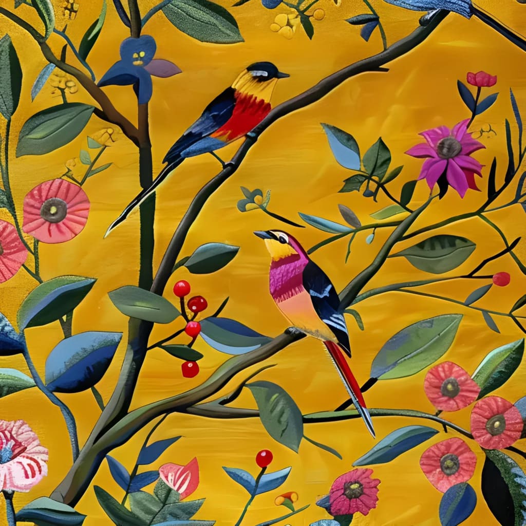 A vibrant, hand-tufted wool area rug showcasing a lively floral design with colorful birds perched on branches against a warm yellow backdrop. This eye-catching floral rug is perfect for adding a touch of nature to a living room. Ideal for large living room spaces, this wool rug combines artistry and comfort.