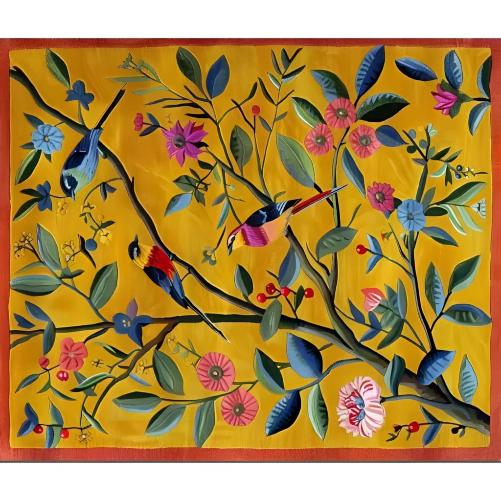 Vibrant and colorful area rug featuring a stunning floral design with birds perched on branches. This hand-tufted wool rug is perfect for adding a lively touch to a living room. Ideal for large living room spaces, the rug showcases intricate details with a rich mix of colors on a warm yellow background.