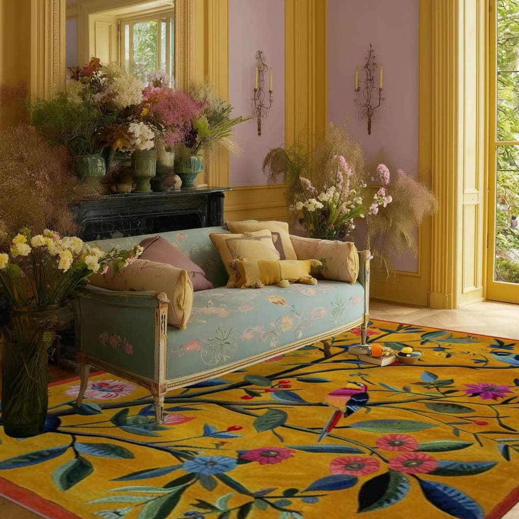 A vibrant area rug featuring a bold floral design in a living room setting. The Joyful Jamboree Hand Tufted Rug is crafted from wool, showcasing large colorful flowers and leafy branches on a sunny yellow background. This wool rug complements the elegant living room decor with its luxurious and artistic touch, ideal for large living room spaces.