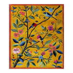 Vibrant Joyful Jamboree hand tufted area rug featuring a lively floral design with colorful birds and leaves on a rich yellow background, perfect for adding warmth and style to a living room. This wool rug is an ideal choice for those seeking large living room rugs with a unique, nature-inspired theme.