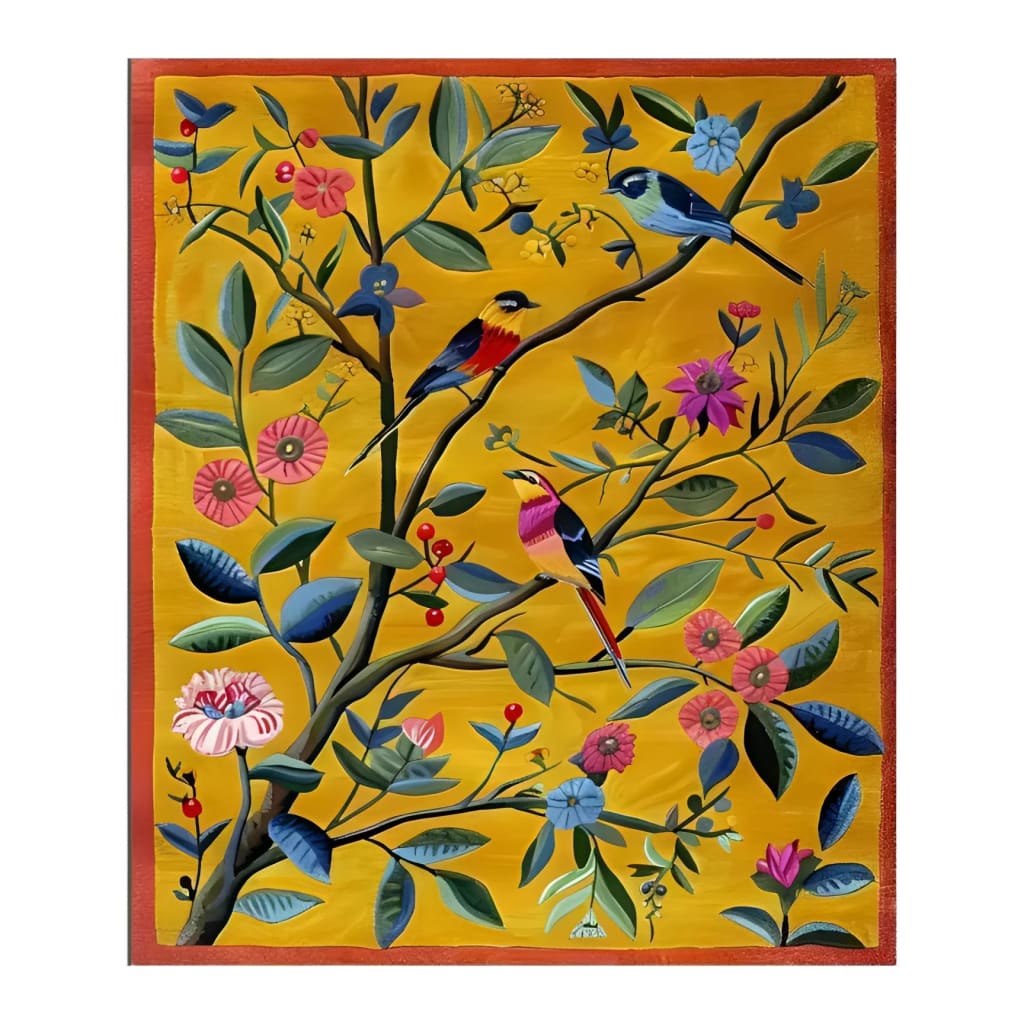 Vibrant Joyful Jamboree hand tufted area rug featuring a lively floral design with colorful birds and leaves on a rich yellow background, perfect for adding warmth and style to a living room. This wool rug is an ideal choice for those seeking large living room rugs with a unique, nature-inspired theme.