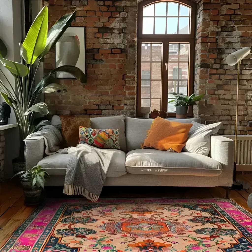 A cozy living room featuring the Joyful Orchard Hand Knotted Area Rug. This vibrant square area rug showcases a stunning floral vintage design, adding elegance and warmth to the space. The rug's intricate patterns and rich colors complement the modern decor, making it a perfect choice for dining room carpets or formal dining room rugs. Made from high-quality wool, this Persian-style rug enhances the ambiance with its luxurious texture.
