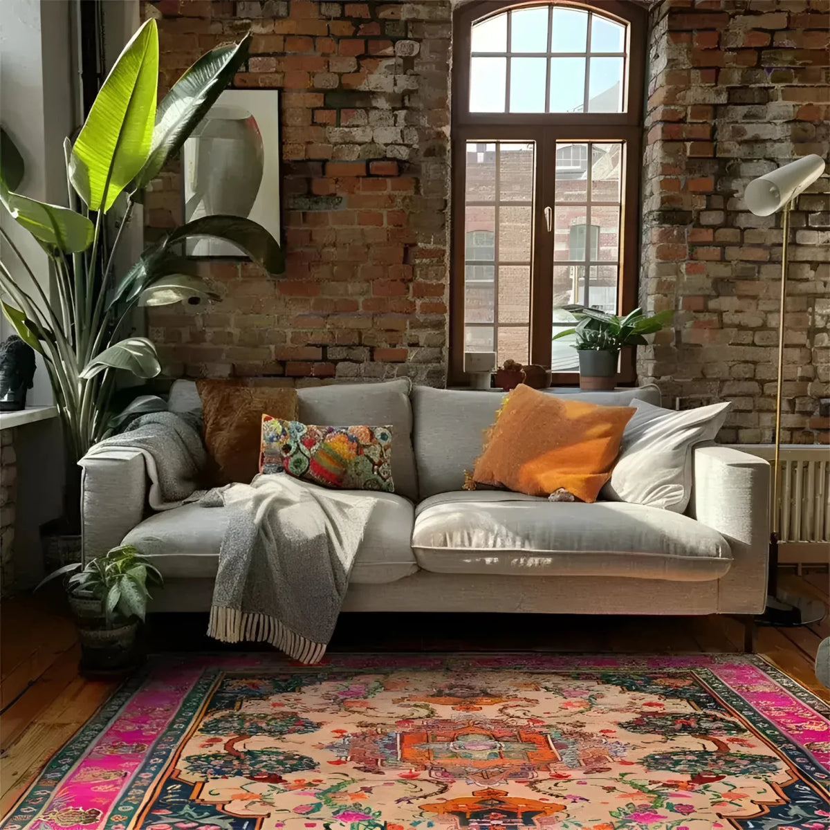 A cozy living room featuring the Joyful Orchard Hand Knotted Area Rug. This vibrant square area rug showcases a stunning floral vintage design, adding elegance and warmth to the space. The rug's intricate patterns and rich colors complement the modern decor, making it a perfect choice for dining room carpets or formal dining room rugs. Made from high-quality wool, this Persian-style rug enhances the ambiance with its luxurious texture.