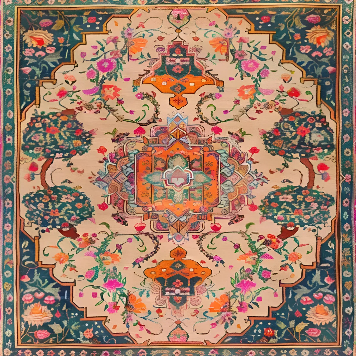 This beautiful square area rug, titled 'Joyful Orchard Hand Knotted Area Rug', showcases a vibrant floral pattern with intricate Persian designs, perfect for a formal dining room. The exquisite vintage rug features a harmonious blend of colors, including rich oranges, greens, and blues, intricately woven into a wool rug that adds elegance to any dining room setting.