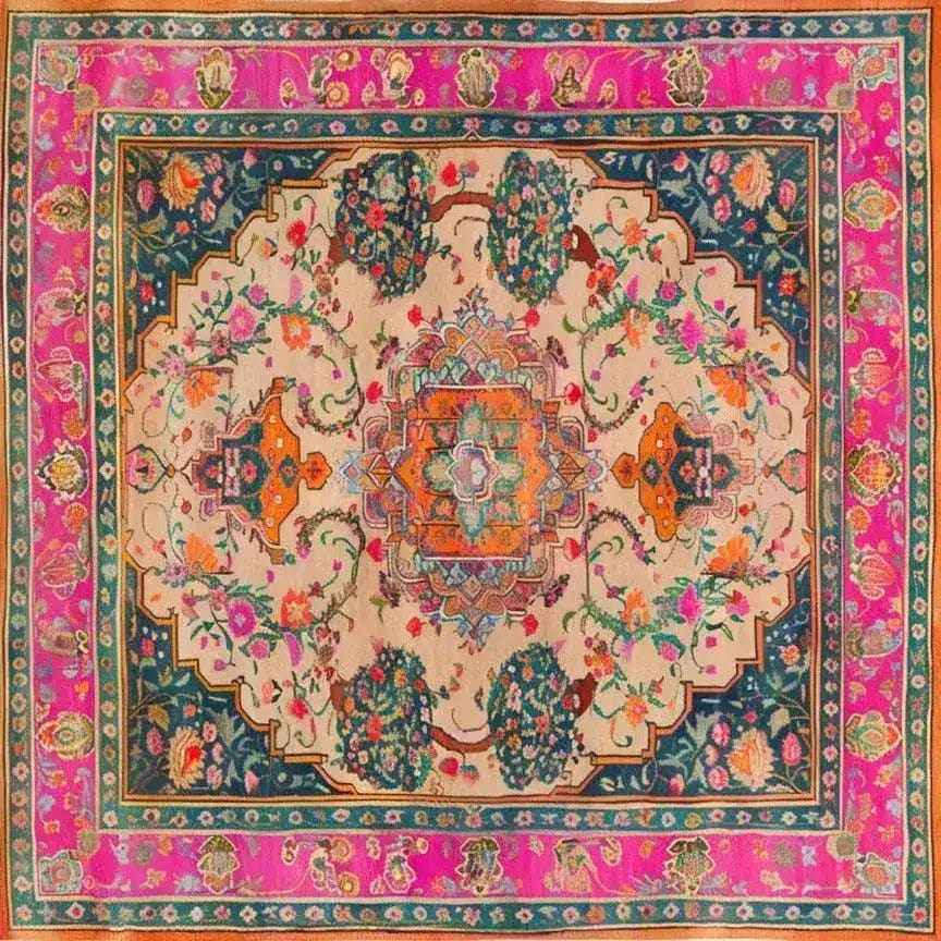 The Joyful Orchard Hand Knotted Area Rug showcases a vibrant floral design with intricate patterns, ideal for a formal dining room setting. This square area rug features a stunning vintage Persian style with a mix of bold colors including pink, orange, and teal, crafted from high-quality wool. Perfect as a dining room carpet, this elegant floral rug adds a touch of timeless beauty and sophistication.