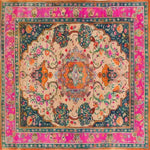 The Joyful Orchard Hand Knotted Area Rug showcases a vibrant floral design with intricate patterns, ideal for a formal dining room setting. This square area rug features a stunning vintage Persian style with a mix of bold colors including pink, orange, and teal, crafted from high-quality wool. Perfect as a dining room carpet, this elegant floral rug adds a touch of timeless beauty and sophistication.