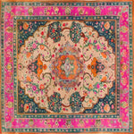 The Joyful Orchard Hand Knotted Area Rug showcases a vibrant floral design with intricate patterns, ideal for a formal dining room setting. This square area rug features a stunning vintage Persian style with a mix of bold colors including pink, orange, and teal, crafted from high-quality wool. Perfect as a dining room carpet, this elegant floral rug adds a touch of timeless beauty and sophistication.
