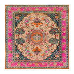 Beautiful hand-knotted area rug featuring a vibrant floral design, perfect for a vintage touch in dining rooms. This square wool rug showcases intricate Persian-inspired patterns with rich colors, making it an ideal formal dining room carpet.