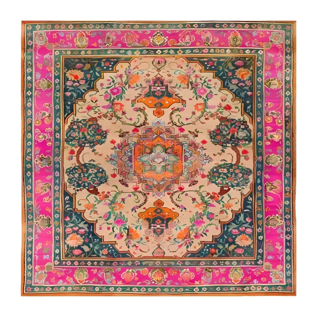 Beautiful hand-knotted area rug featuring a vibrant floral design, perfect for a vintage touch in dining rooms. This square wool rug showcases intricate Persian-inspired patterns with rich colors, making it an ideal formal dining room carpet.
