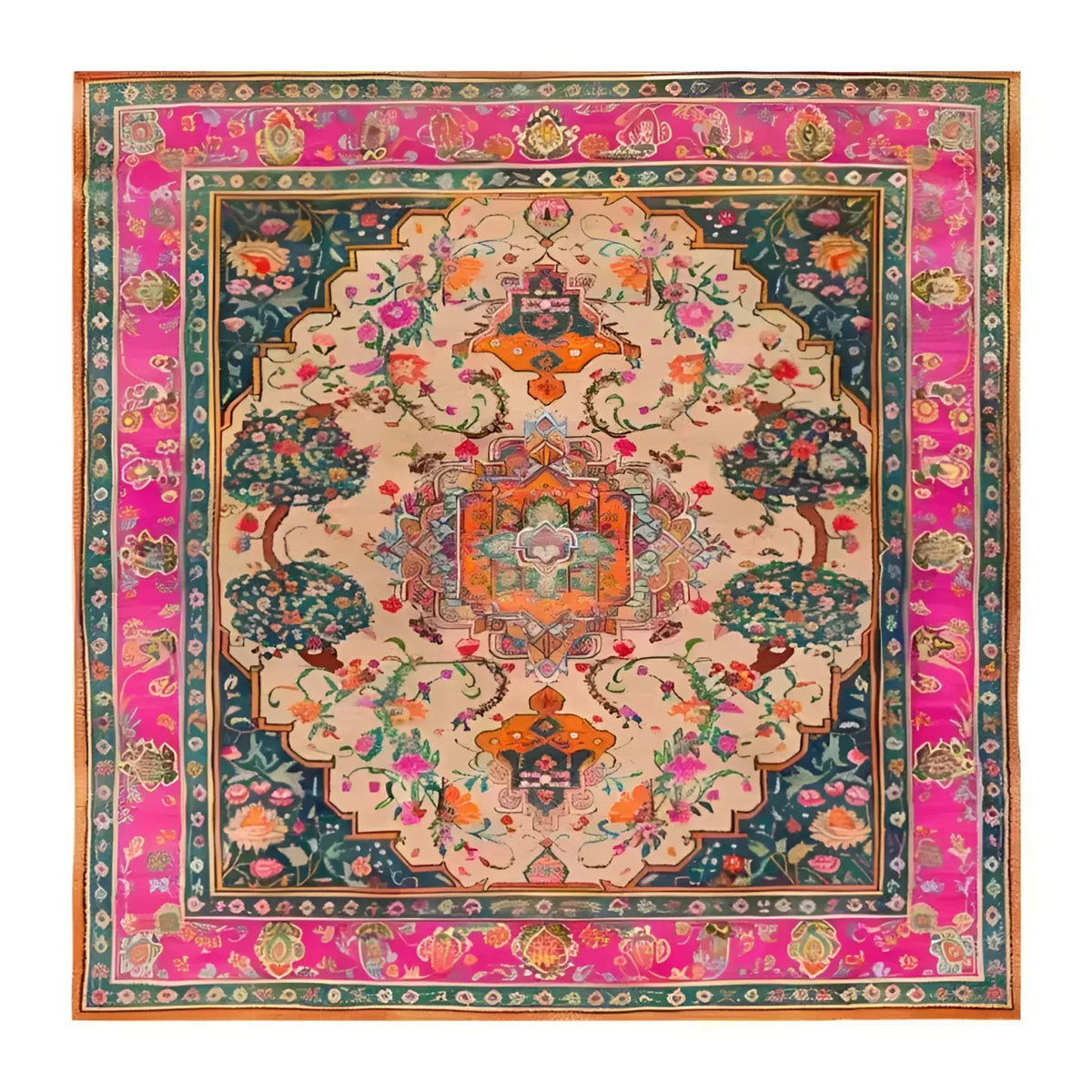 Beautiful hand-knotted area rug featuring a vibrant floral design, perfect for a vintage touch in dining rooms. This square wool rug showcases intricate Persian-inspired patterns with rich colors, making it an ideal formal dining room carpet.