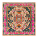 Beautiful hand-knotted area rug featuring a vibrant floral design, perfect for a vintage touch in dining rooms. This square wool rug showcases intricate Persian-inspired patterns with rich colors, making it an ideal formal dining room carpet.