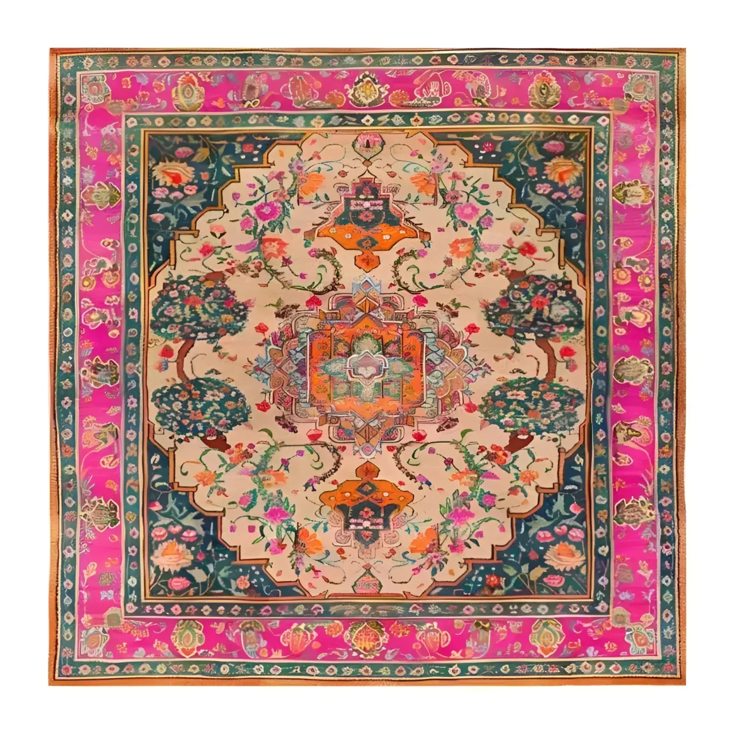 Beautiful hand-knotted area rug featuring a vibrant floral design, perfect for a vintage touch in dining rooms. This square wool rug showcases intricate Persian-inspired patterns with rich colors, making it an ideal formal dining room carpet.