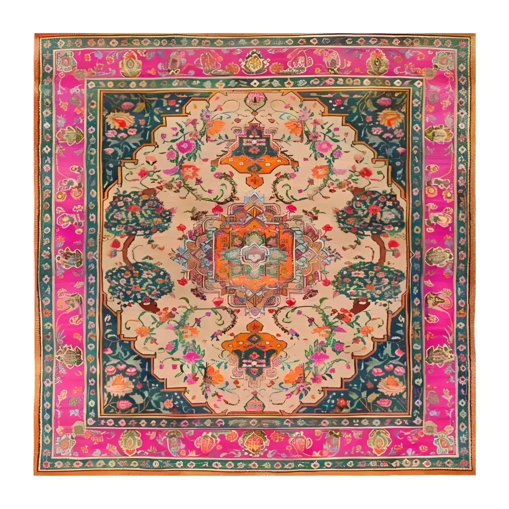 Beautiful hand-knotted area rug featuring a vibrant floral design, perfect for a vintage touch in dining rooms. This square wool rug showcases intricate Persian-inspired patterns with rich colors, making it an ideal formal dining room carpet.
