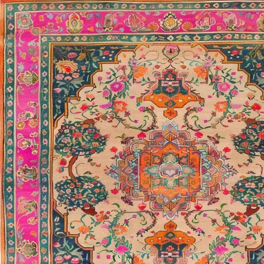 Vibrant and detailed Joyful Orchard Hand Knotted Area Rug featuring a rich floral design with intricate patterns. This square rug, perfect for a dining room, showcases a vintage Persian style with lush colors, ideal as a wool rug or formal dining room carpet.