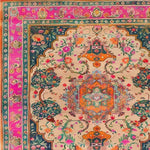 Vibrant and detailed Joyful Orchard Hand Knotted Area Rug featuring a rich floral design with intricate patterns. This square rug, perfect for a dining room, showcases a vintage Persian style with lush colors, ideal as a wool rug or formal dining room carpet.