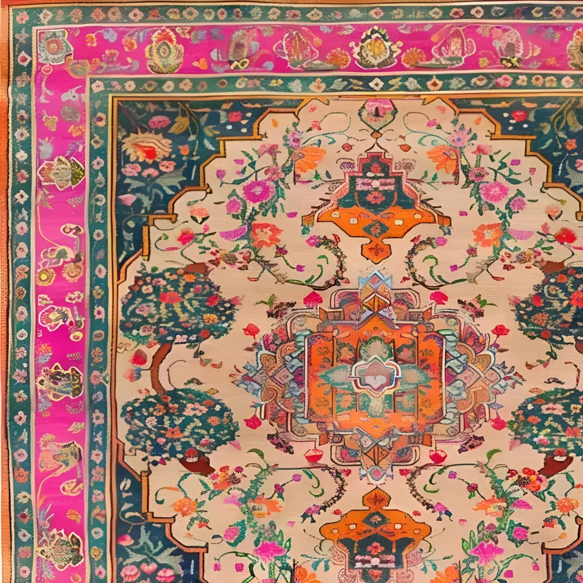 Vibrant and detailed Joyful Orchard Hand Knotted Area Rug featuring a rich floral design with intricate patterns. This square rug, perfect for a dining room, showcases a vintage Persian style with lush colors, ideal as a wool rug or formal dining room carpet.