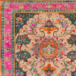 Vibrant and detailed Joyful Orchard Hand Knotted Area Rug featuring a rich floral design with intricate patterns. This square rug, perfect for a dining room, showcases a vintage Persian style with lush colors, ideal as a wool rug or formal dining room carpet.