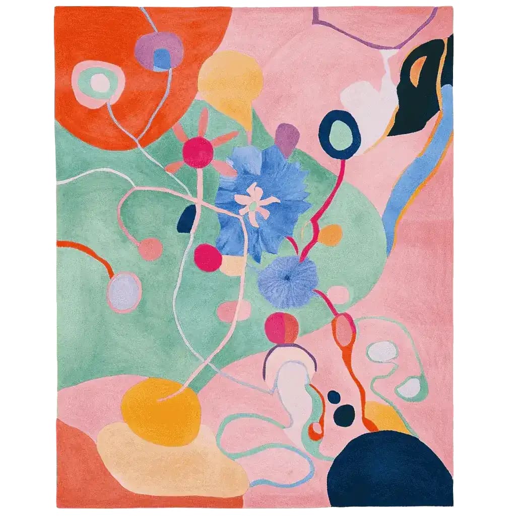 Vibrant and colorful Joyful Tangle Hand Tufted Rug featuring an abstract design with bold colors like orange, pink, and blue. This contemporary area rug is perfect for adding a splash of color to any living room. Made from high-quality wool, this large living room rug combines modern artistry with the comfort of a wool rug.