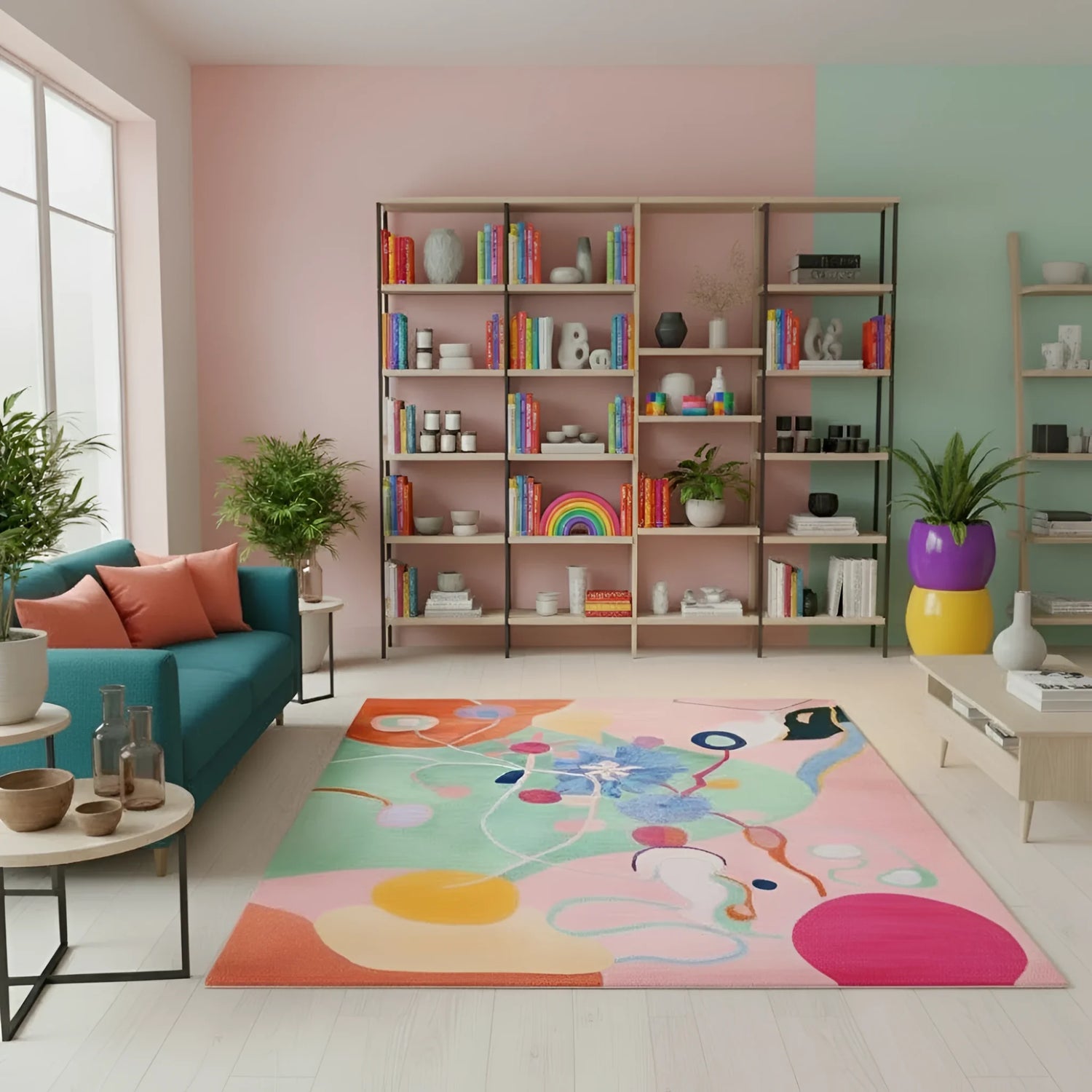 Modern living room with colorful rug, shelves, and decor