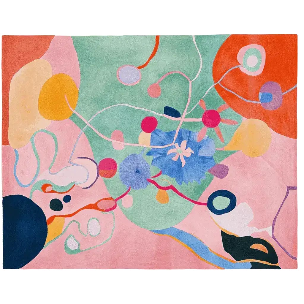 Vibrant and colorful area rug featuring an abstract design with swirling patterns and bold shapes in shades of pink, green, orange, and blue. This contemporary wool rug is perfect for adding a splash of color to your living room, making it an ideal choice for large living room rugs.