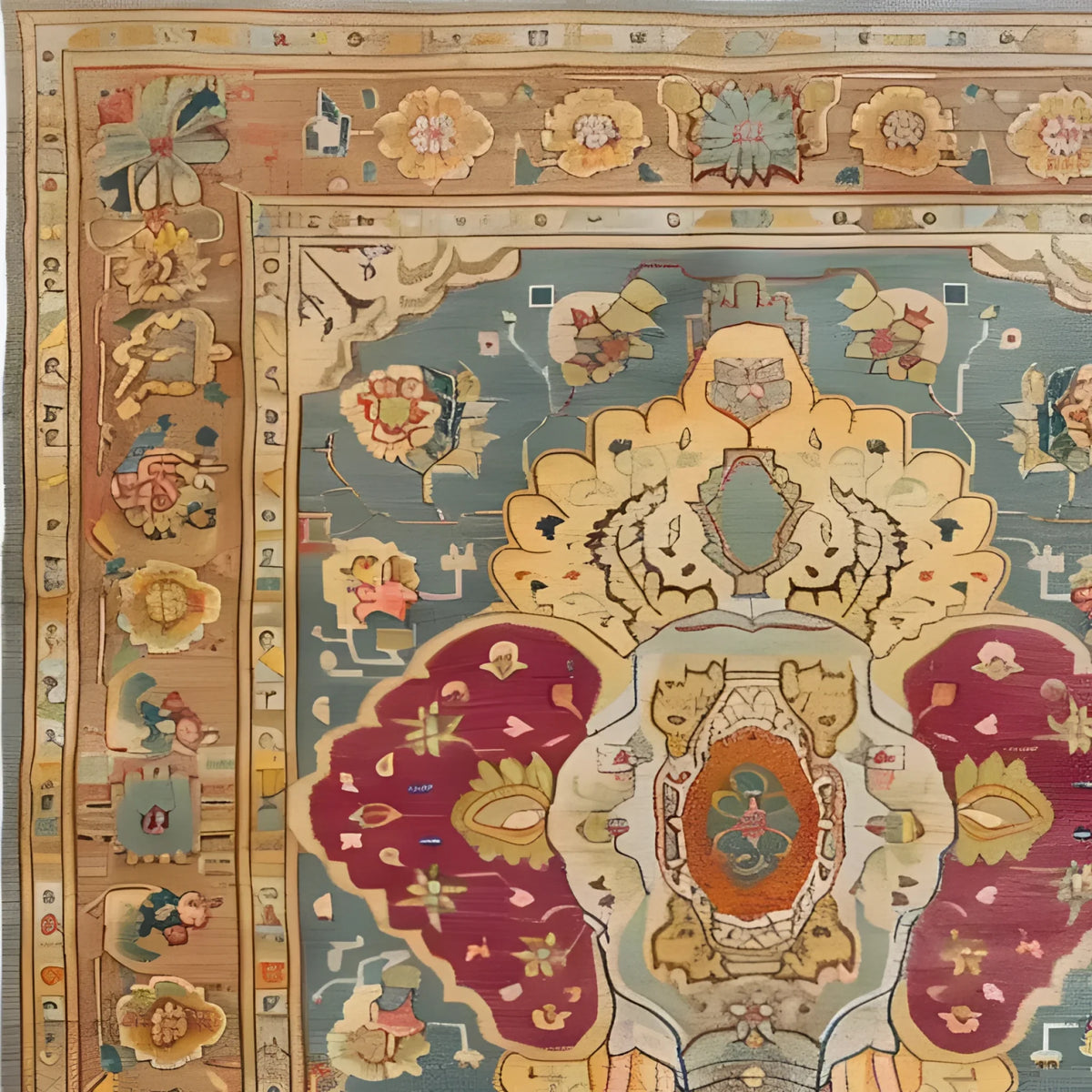 A beautifully detailed Jumbo Jubilee Hand Knotted Area Rug showcasing intricate floral and abstract patterns in rich colors. This vintage rug, ideal for large living room spaces, embodies the elegance of Persian rugs and adds an artistic touch to any room.