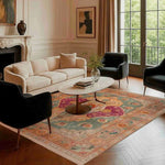 Elegant living room featuring a Jumbo Jubilee Hand Knotted Area Rug. This vintage rug showcases intricate Persian motifs in vibrant colors, perfectly complementing the neutral furnishings. Ideal for large living room spaces, this rug adds a touch of timeless elegance and warmth.