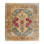 The Jumbo Jubilee Hand Knotted Area Rug features an intricate design with a central elephant motif, surrounded by a rich tapestry of floral patterns. This vintage rug, ideal for large living rooms, showcases a blend of vibrant colors, reminiscent of traditional Persian rugs, making it a perfect choice for those seeking elegant rugs for living room decor.