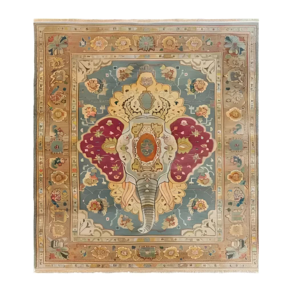 The Jumbo Jubilee Hand Knotted Area Rug features an intricate design with a central elephant motif, surrounded by a rich tapestry of floral patterns. This vintage rug, ideal for large living rooms, showcases a blend of vibrant colors, reminiscent of traditional Persian rugs, making it a perfect choice for those seeking elegant rugs for living room decor.
