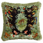 Decorative jungle animals throw pillow cover featuring a vibrant design with leopards, parrots, and various tropical flora.