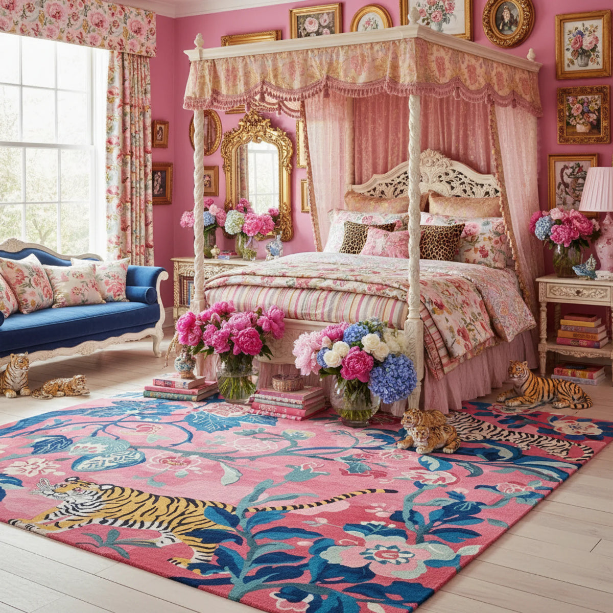 Pink bedroom with floral decor, canopy bed, and colorful rug.