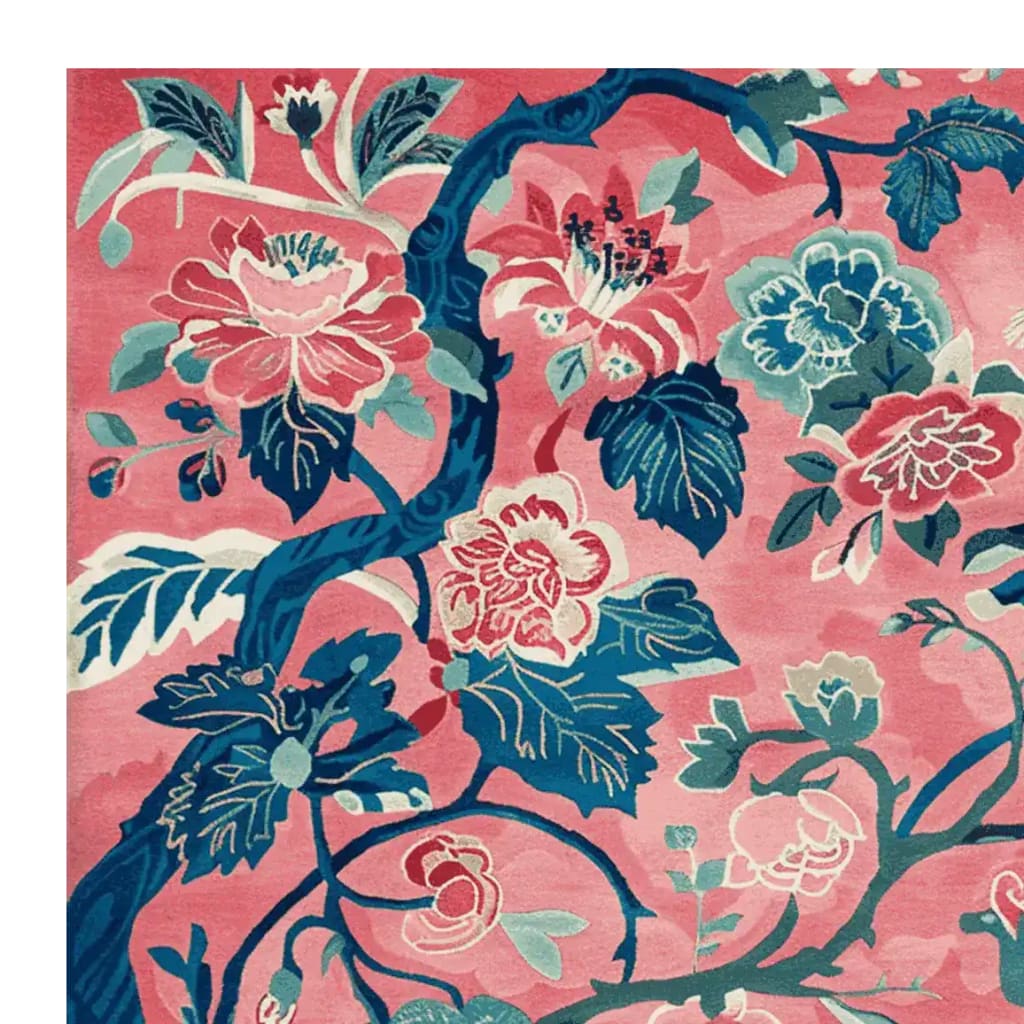 Vibrant floral wool rug with intricate pink, blue, and green patterns, perfect as a square area rug for large living room spaces. This hand-tufted rug showcases bold floral designs, ideal for adding a touch of nature-inspired elegance to your living room decor.