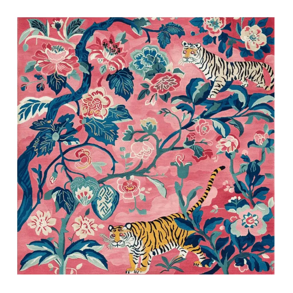 Top view of the Jungle Bloom Hand Tufted Rug, a vibrant square area rug featuring a detailed floral design with tigers amidst lush foliage on a pink background. Perfect as a large living room rug, this wool rug combines bold colors and intricate patterns, making it an eye-catching addition to any living room.