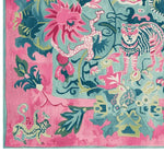 A vibrant and colorful Jungle Bloom Hand Tufted area rug featuring an abstract design with a tiger, floral patterns, and intricate details. This square area rug in wool is perfect for adding a splash of color to large living rooms. The rug showcases a rich blend of pink, green, and blue hues, making it an ideal area rug for living room decor.