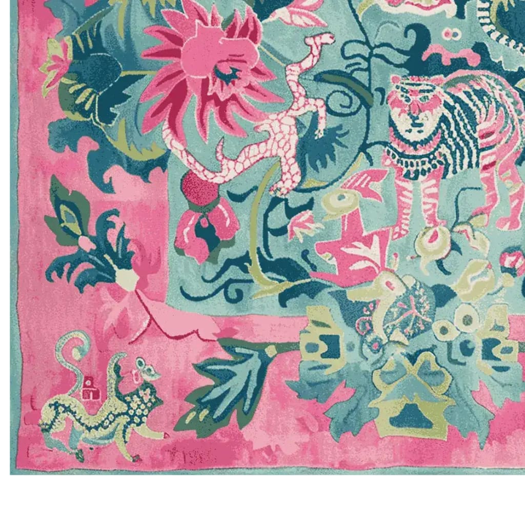 A vibrant and colorful Jungle Bloom Hand Tufted area rug featuring an abstract design with a tiger, floral patterns, and intricate details. This square area rug in wool is perfect for adding a splash of color to large living rooms. The rug showcases a rich blend of pink, green, and blue hues, making it an ideal area rug for living room decor.