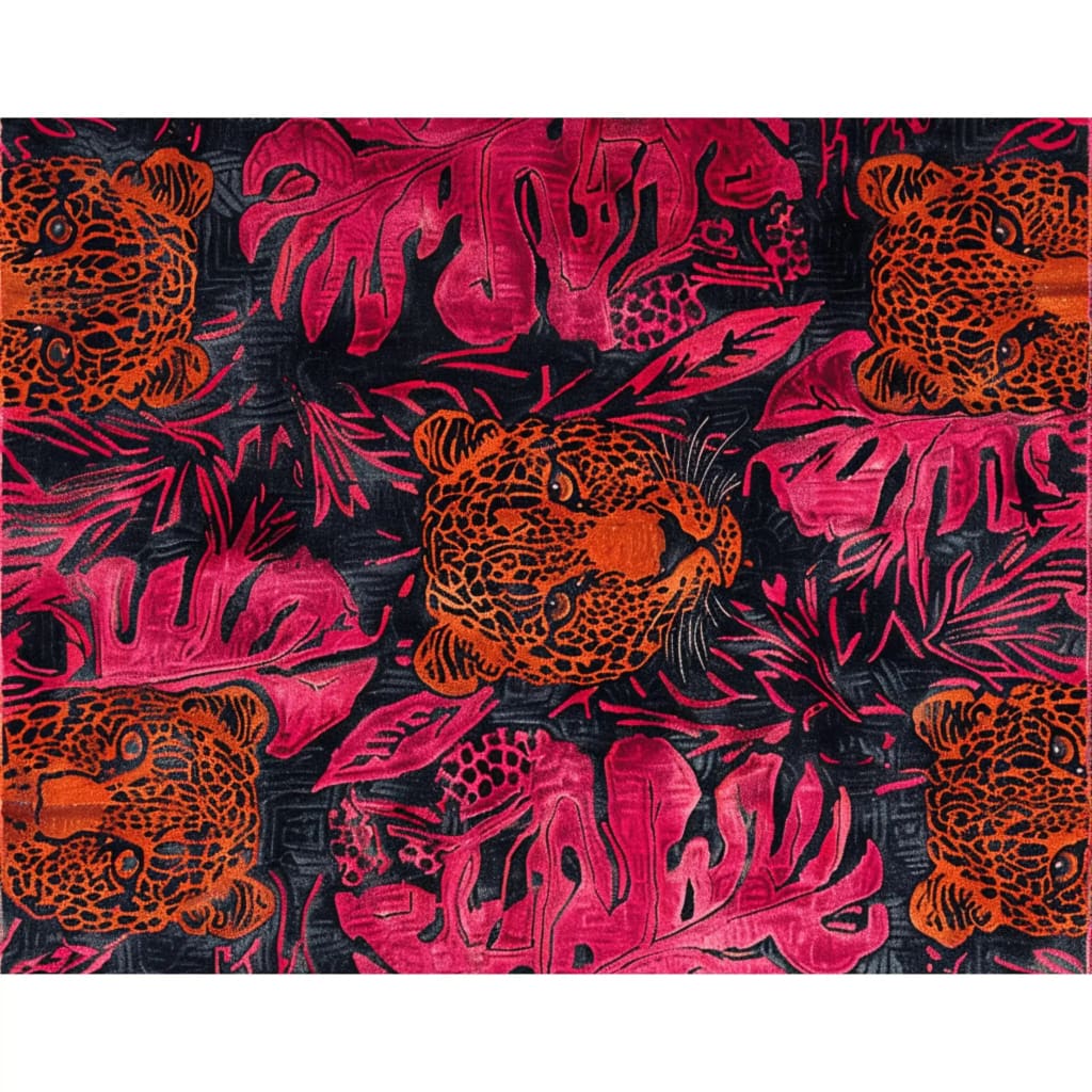 Vibrant Jungle Chic hand-tufted area rug featuring bold orange tiger faces and lush pink leaves on a deep blue background, perfect for adding a touch of wild elegance to bedrooms or dining rooms. This wool rug brings an exotic flair to any space, making it an ideal choice for those seeking unique rugs for their bedroom or dining room decor.