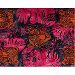 Vibrant Jungle Chic hand-tufted area rug featuring bold orange tiger faces and lush pink leaves on a deep blue background, perfect for adding a touch of wild elegance to bedrooms or dining rooms. This wool rug brings an exotic flair to any space, making it an ideal choice for those seeking unique rugs for their bedroom or dining room decor.