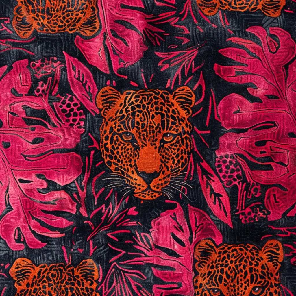 Vibrant jungle-themed area rug featuring an intricate design of orange tiger faces surrounded by bold pink foliage, perfect for adding a chic touch to bedrooms or dining rooms. This wool rug brings a touch of the wild indoors, making it an ideal choice for those looking for unique rugs for their bedroom decor.