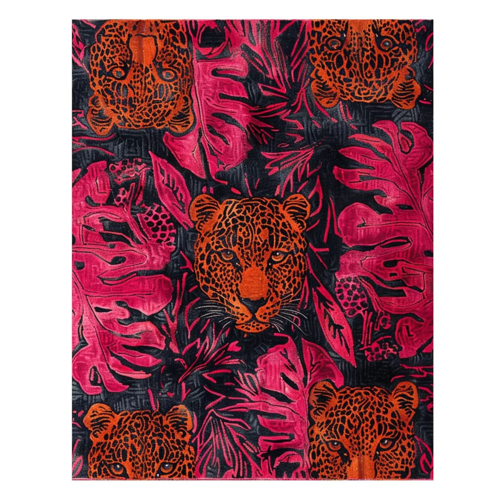 A vibrant area rug featuring a jungle chic design with abstract tiger faces in bold orange and pink hues. This wool rug brings a dynamic touch to any space, making it perfect for bedrooms or dining rooms.
