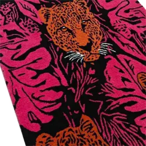 Stylish area rug with an abstract jungle theme featuring a vibrant tiger design. This wool rug is perfect for adding a bold statement to your bedroom or dining room decor.