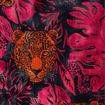 Vibrant jungle-themed area rug featuring a striking abstract tiger design in bold orange against a lush backdrop of deep pink and black foliage. Perfect wool rug to add a touch of exotic charm to your bedroom or dining room decor.