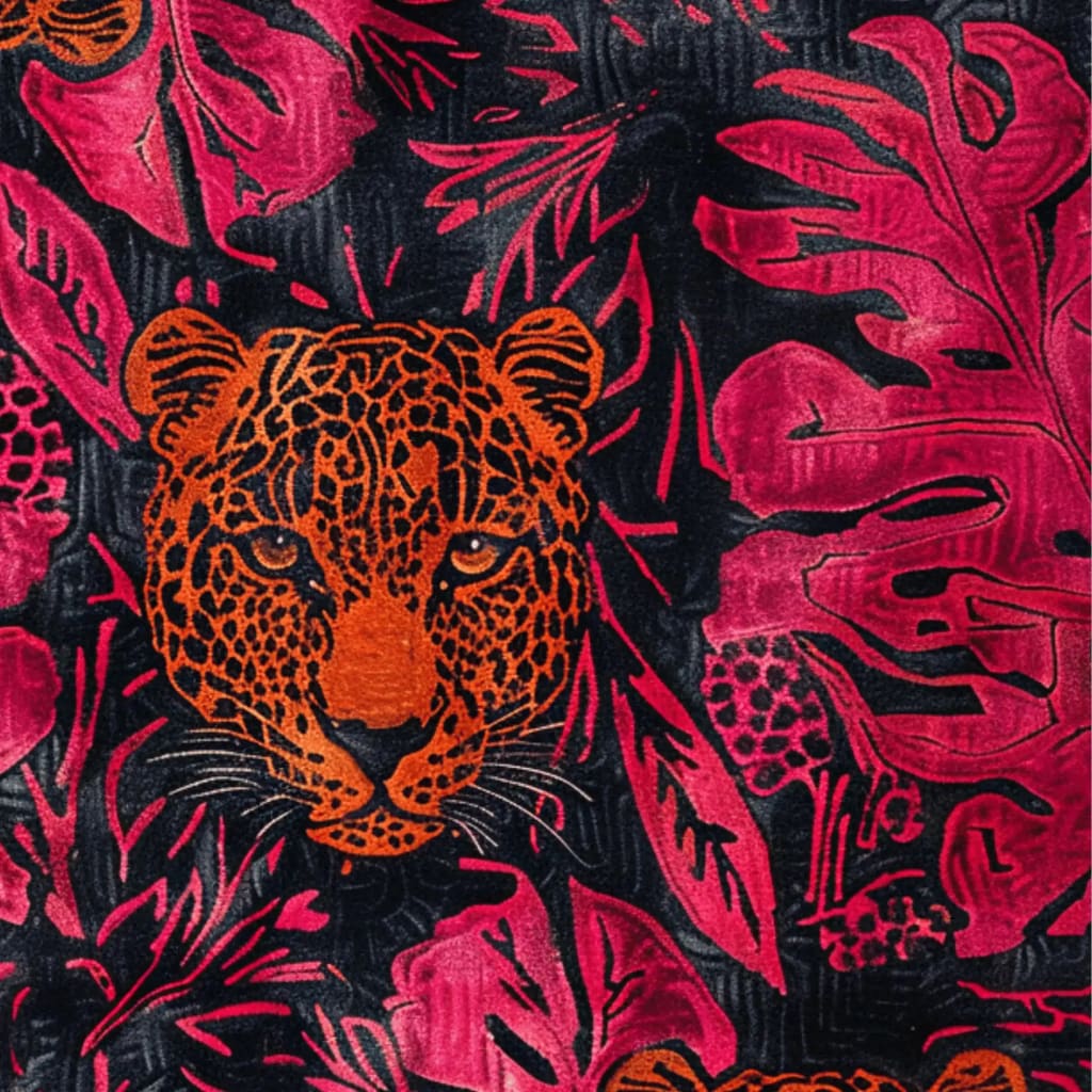 Vibrant jungle-themed area rug featuring a striking abstract tiger design in bold orange against a lush backdrop of deep pink and black foliage. Perfect wool rug to add a touch of exotic charm to your bedroom or dining room decor.
