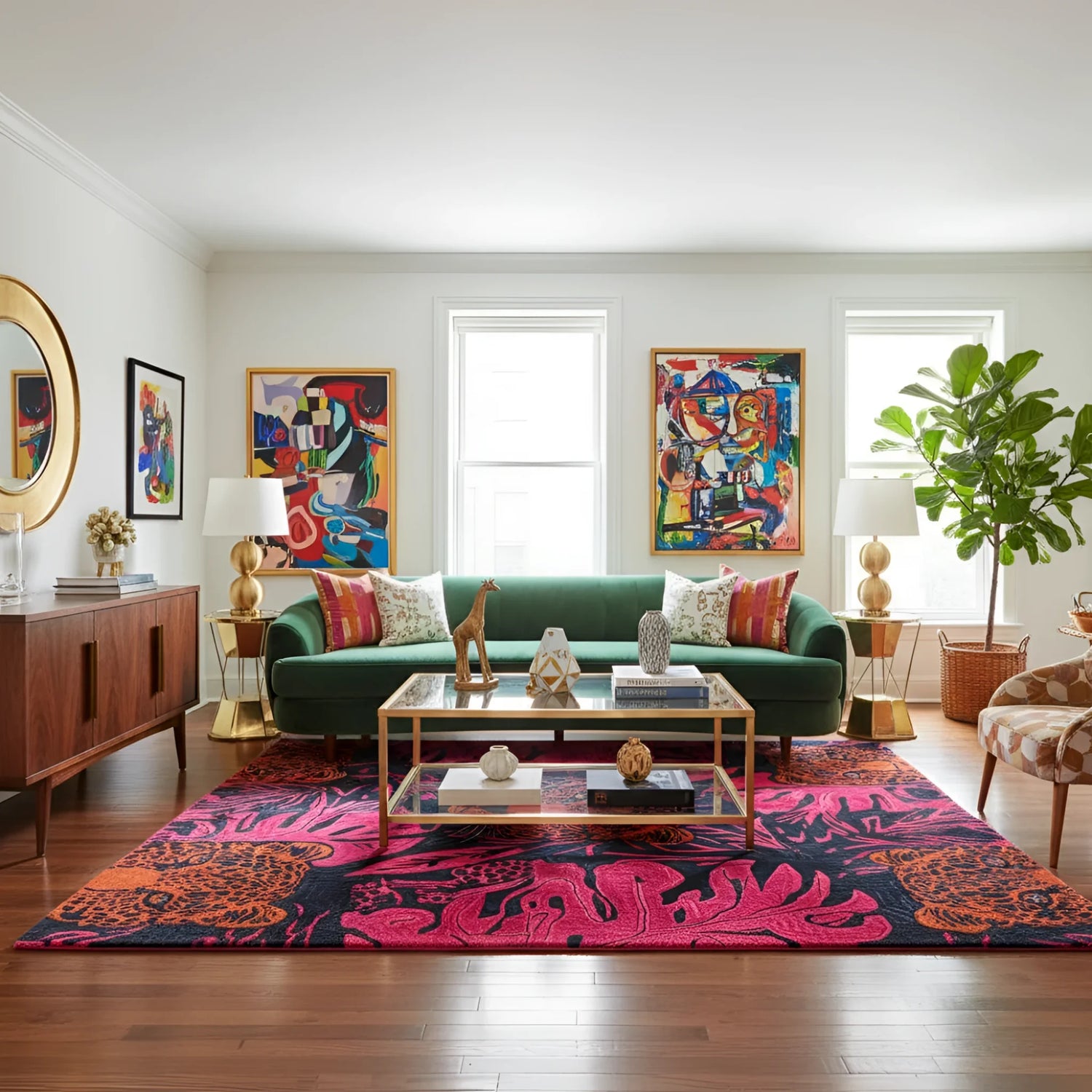 Living room with a green sofa, colorful rug, and abstract art on the walls.