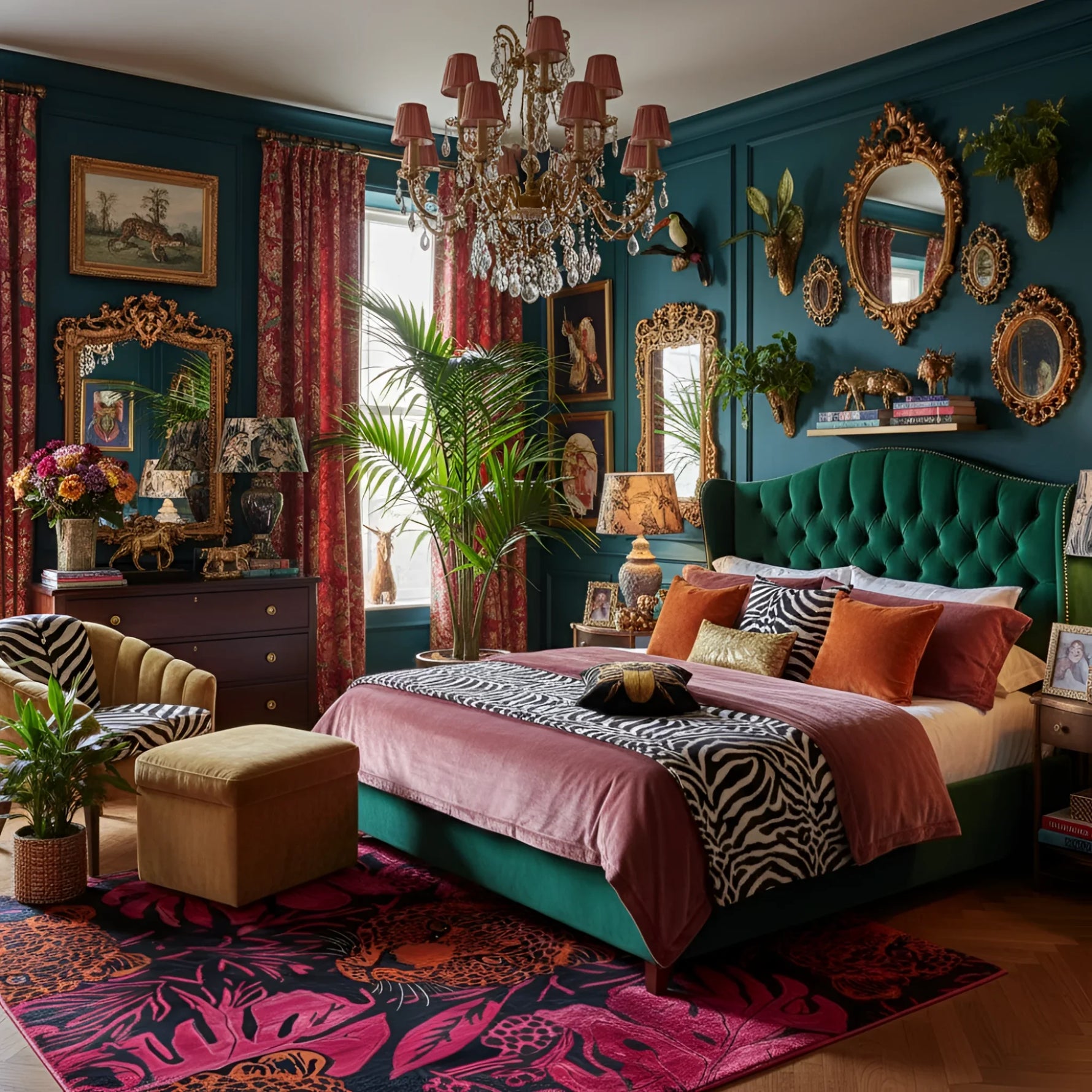 Jungle chic hand-tufted rug in pink and black with tropical leaf motifs in a maximalist teal bedroom