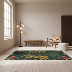 A rectangular area rug with a dark green background and a stylized tiger illustration in yellow, gray, and red, displayed in a modern, minimalist living room with light wood floors, a brown leather bench, a black floor lamp, and a wooden armchair.