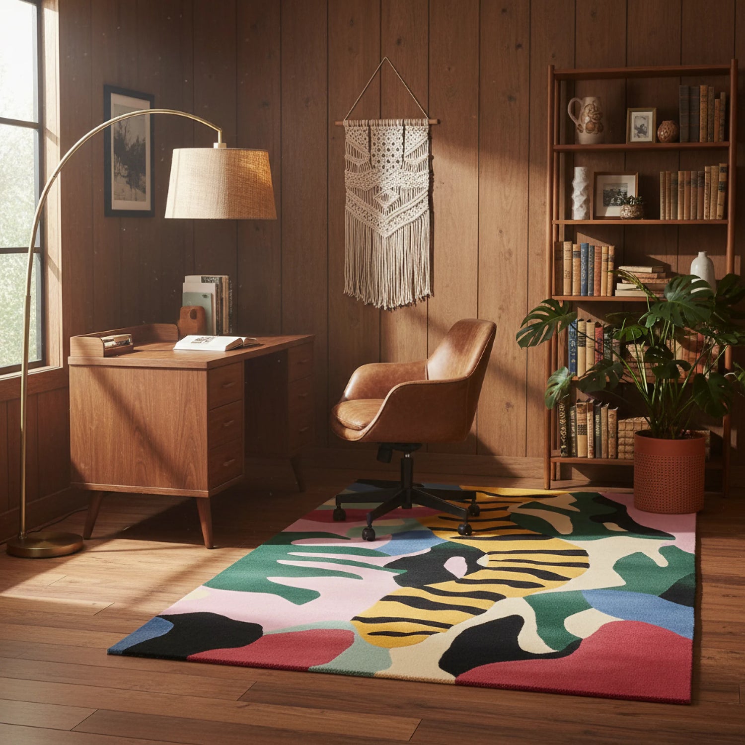 Home office with wooden desk, chair, and colorful rug on wooden floor.