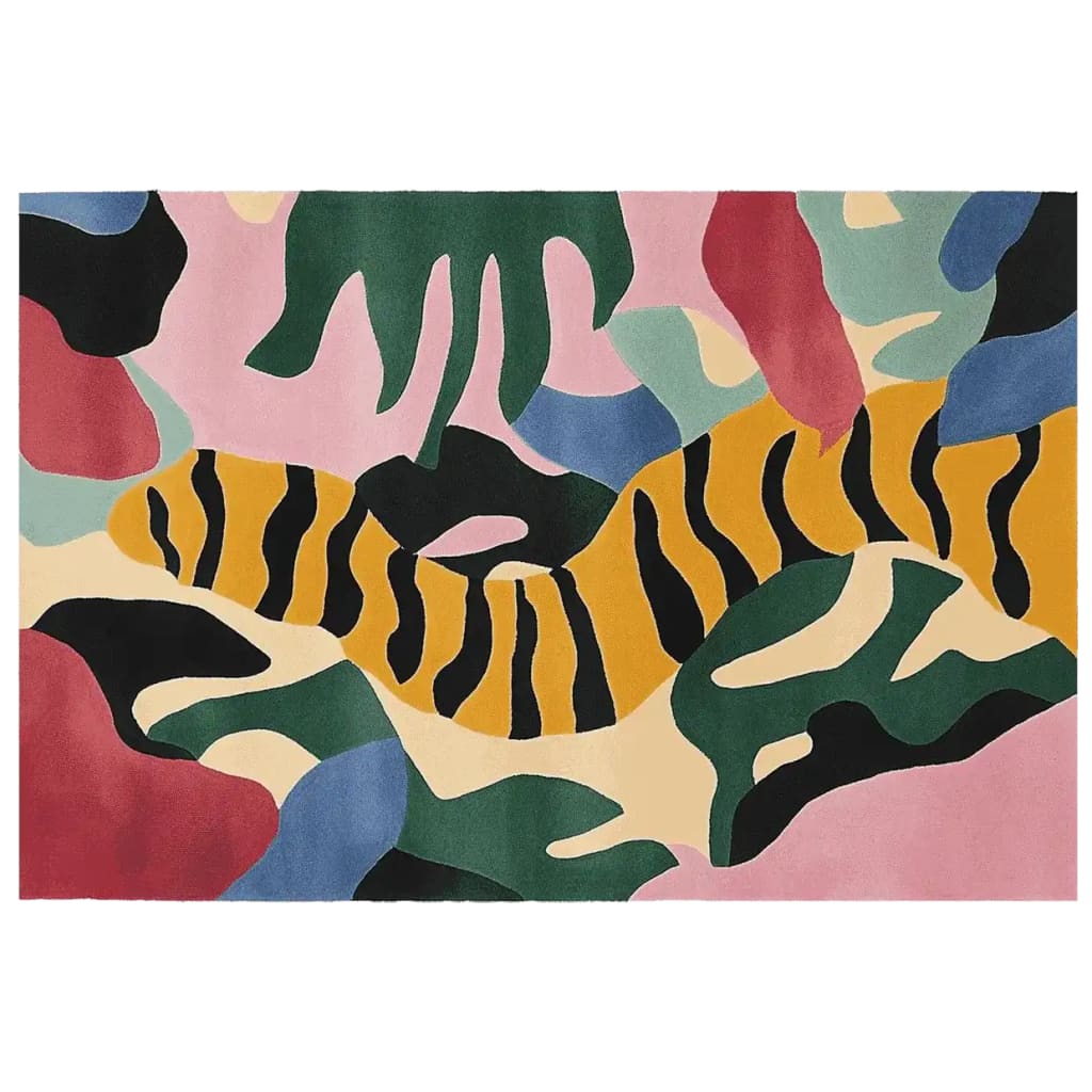 Vibrant Jungle Rhythm Mirage hand-tufted area rug featuring an abstract design with bold colors, ideal for contemporary living rooms. This wool rug showcases a unique pattern resembling a tiger stripe motif surrounded by lush, colorful foliage, perfect for adding an artistic touch to any space.